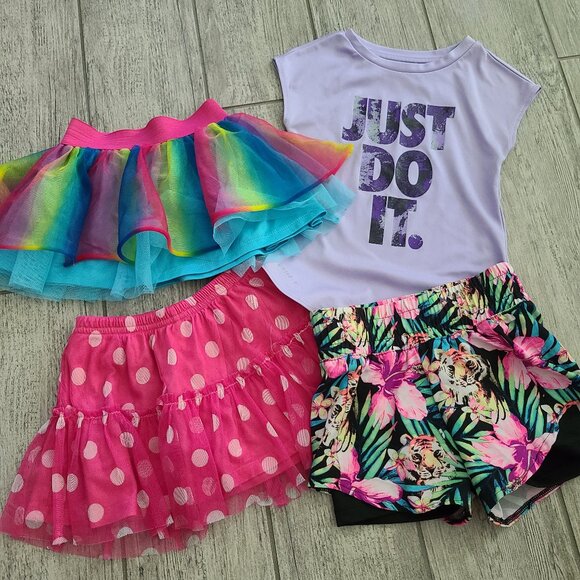 Toddler girl summer bundle athletic outfit and 2 skirts size 3T and XS 4/5 - Picture 1 of 9